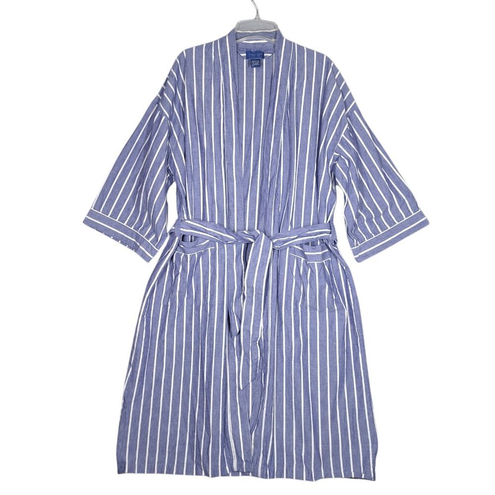 Towncraft Bath Robe Mens One Size 100% Cotton Blue Striped Belted JCPenney Vtg